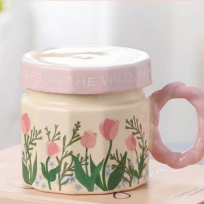Retro Watercolor Flower Cup Ceramic Romantic Style Design Niche Coffee Mug Cover Light Luxury High End
