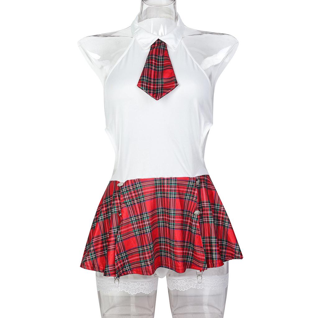 School Uniform Dress Up Red Plaid Backless Split Skirt Girl Sex Underwear Three-piece Set