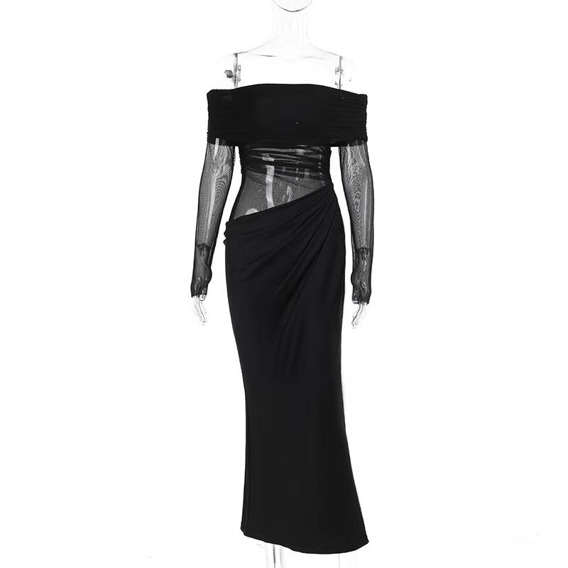 Practice, One-Word Shoulder Mesh Splicing Dress Sexy Black Mesh Shoulder Niche Dress Long Dress