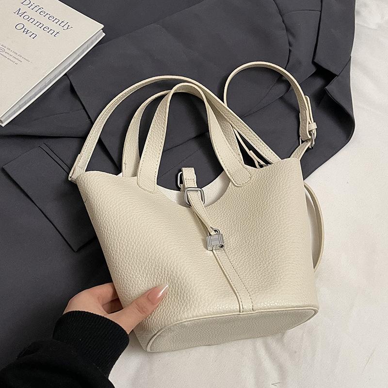 Simple Temperament Lychee Pattern Portable Bucket Bag Casual Light Luxury Solid Color High-end Messenger Bag Bag Female