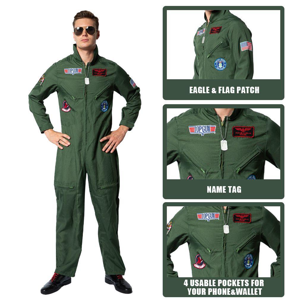 Top Gun pilots tērps Halloweena kostīms bērniem un pieaugušajiem Maverick Cosplay tērps ar saulesbrillēm un vārda zīmi
