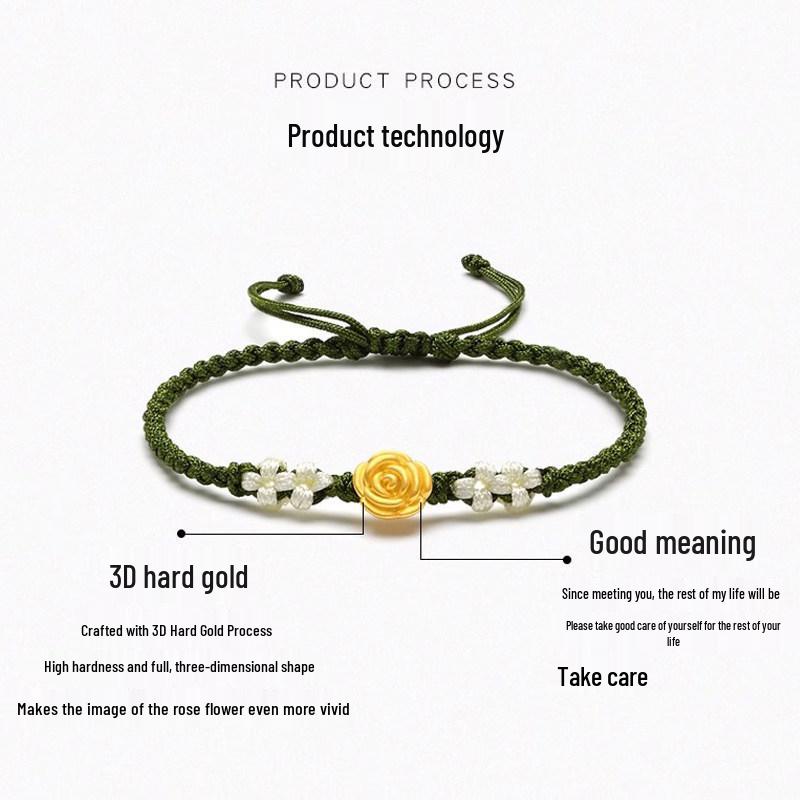 999 Pure Gold Rose Flower Bracelet: Luck Beads Woven Couple's Gift for Girlfriend, Best Seller