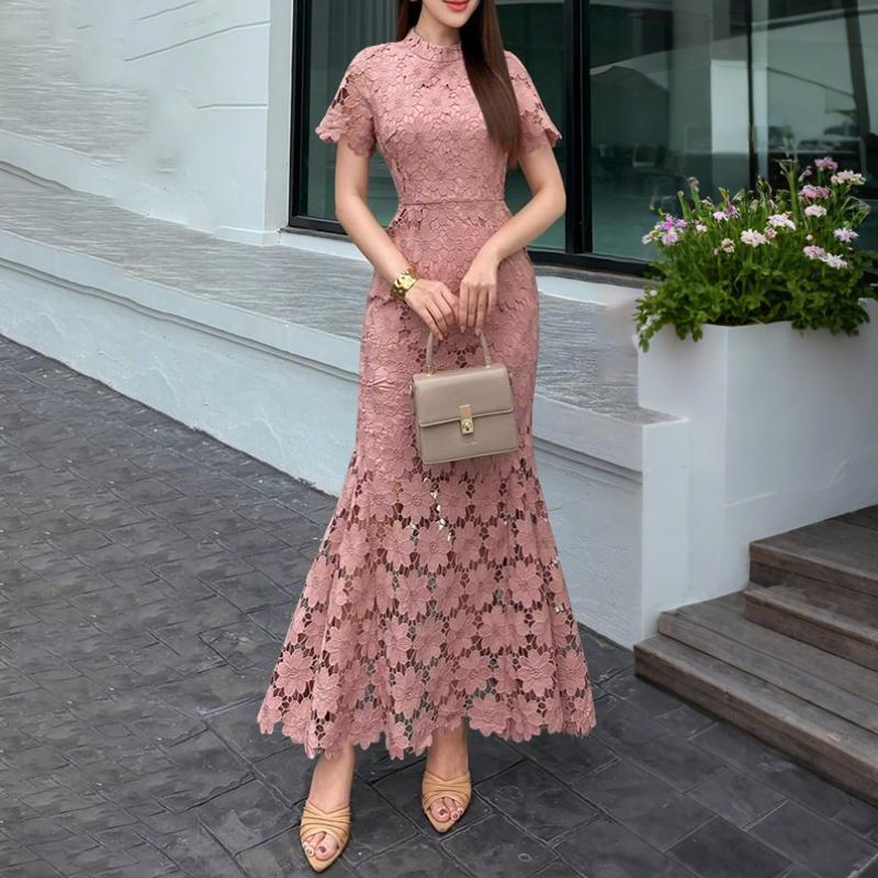 ZANZEA Women Summer Round Neck Short Sleeve Elegant Lace Fishtail Dress
