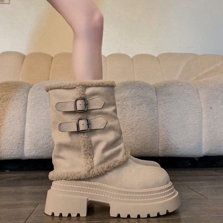 Thick-soled medium tube snow boots women's 2025 new winter new Northeast integrated plush warm thickened fluffy cotton shoes