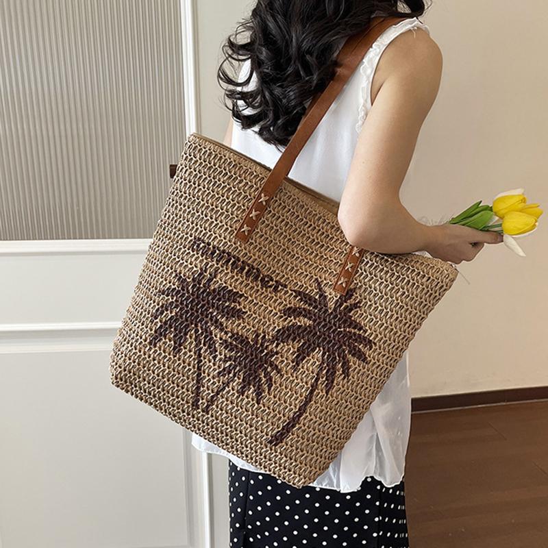 Summer Large Capacity Straw Beach Women's Tote Bags Coconut Tree Pattern Handbag Leather Strap Beach Shoulder Bag