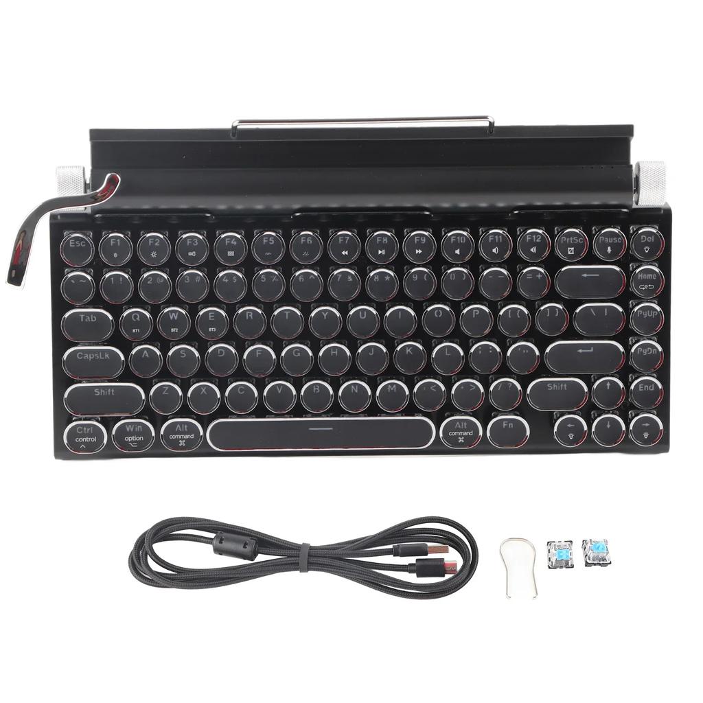 Vintage Blue Switch Mechanical Keyboard 83 Keys Wireless Bluetooth Retro Typewriter Style with Metal Round Keycaps