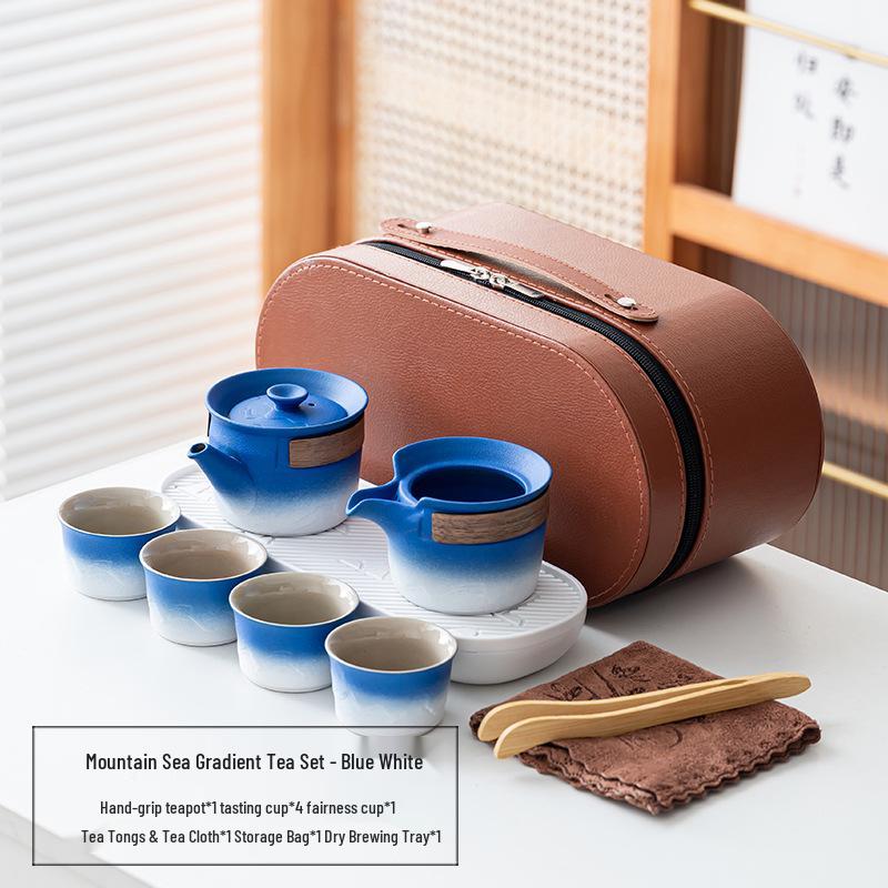 Elegant Portable Ceramic Tea Set with Wooden Tray: 1 Teapot & 4 Cups for Outdoor Adventures