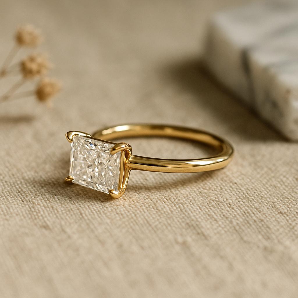 Radiant Cut Engagement Ring, Solitaire Yellow Gold Plated Band, Classic Bridal Jewelry, Promise Ring for Her