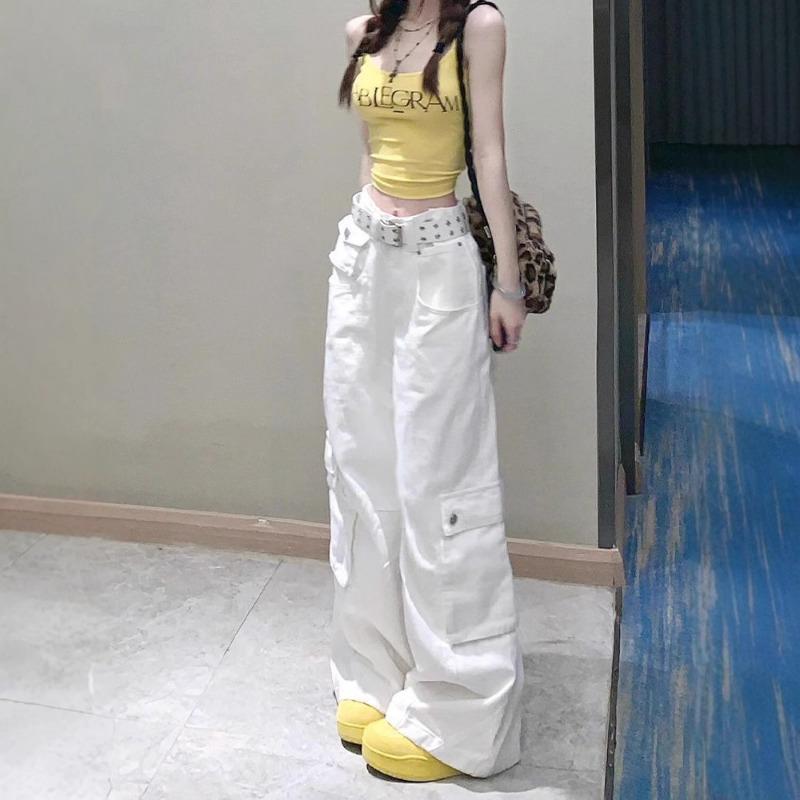 

American Heavy Industry Multi-pocket White Overalls for Women Summer New Hot Girl Loose Wide-leg Straight Jeans S белый