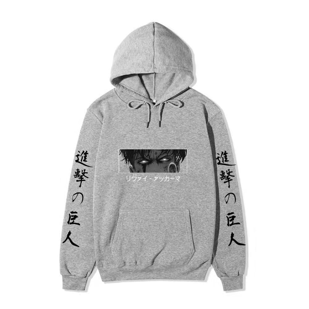 Anime Attack On Titan Levi Ackerman Hoodie, Double Sleeve Japanese Text Print Pullover Sweatshirt Long Sleeve Streetwear for Men Women