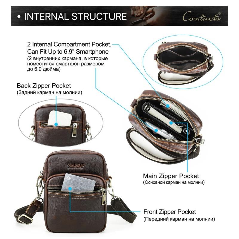 Men Top Grain Crazy Horse Leather Crossbody Bag Multi-Zipper Pockets Vintage Texture
