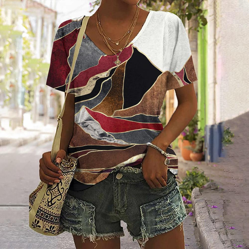 Printed Striped T-shirt New Simple Clothes Casual V-neck Short-sleeved T-shirt Retro T-shirt Summer