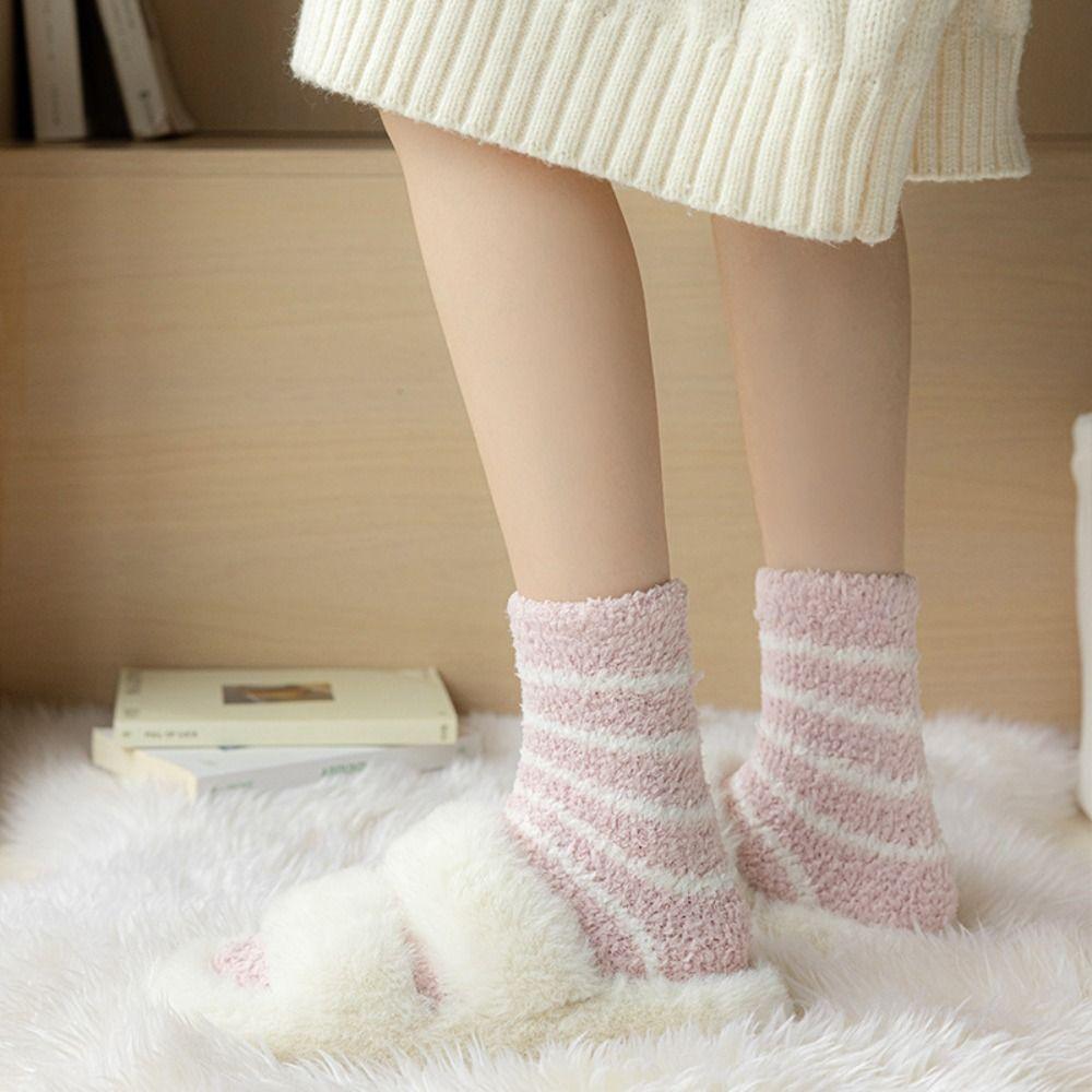 6Pairs Plush Coral Fleece Socks Stripe Sleeping Socks Fashion Thicken Velvet Socks  Fall/Winter