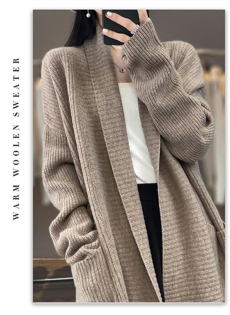 2025 Autumn/Winter Women's Solid Color Mid-Length Cardigan Sweater - Loose Knitwear, Fashionable Lazy Style