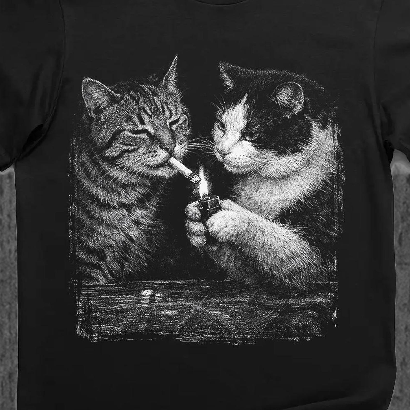 Midnight Alley Cats Shirt – Funny Vintage Smoking Cats Graphic Tee, Rebel Cat Humor T-Shirt, Cool Cat Lover Gift S