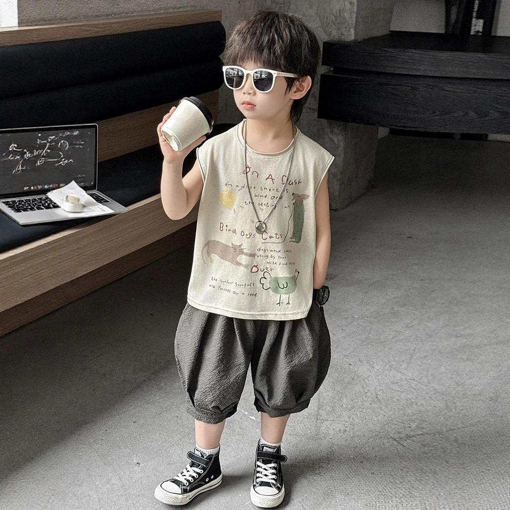 2026 Boys' Summer Outfit: Hand-Painted Animal Print Sleeveless Vest & Gauze Lantern Pants for Toddlers and Young Children