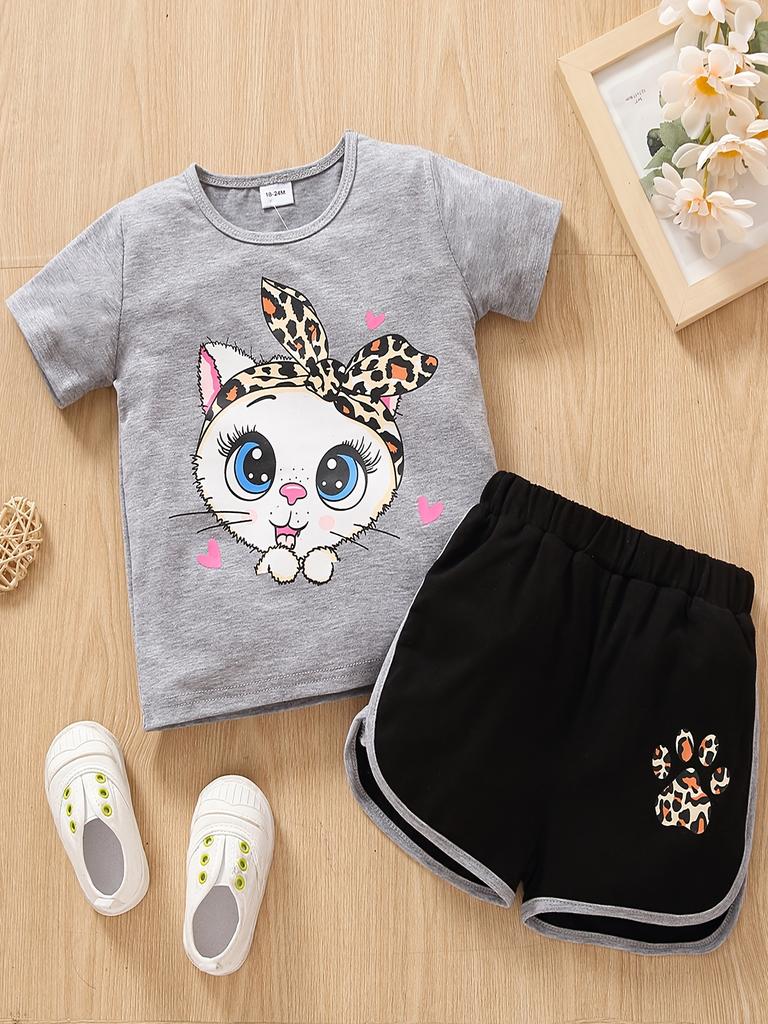 Girls Summer 2Pcs Outfit Cute Cartoon Print Crew Neck Short Sleeve Top and Shorts Set