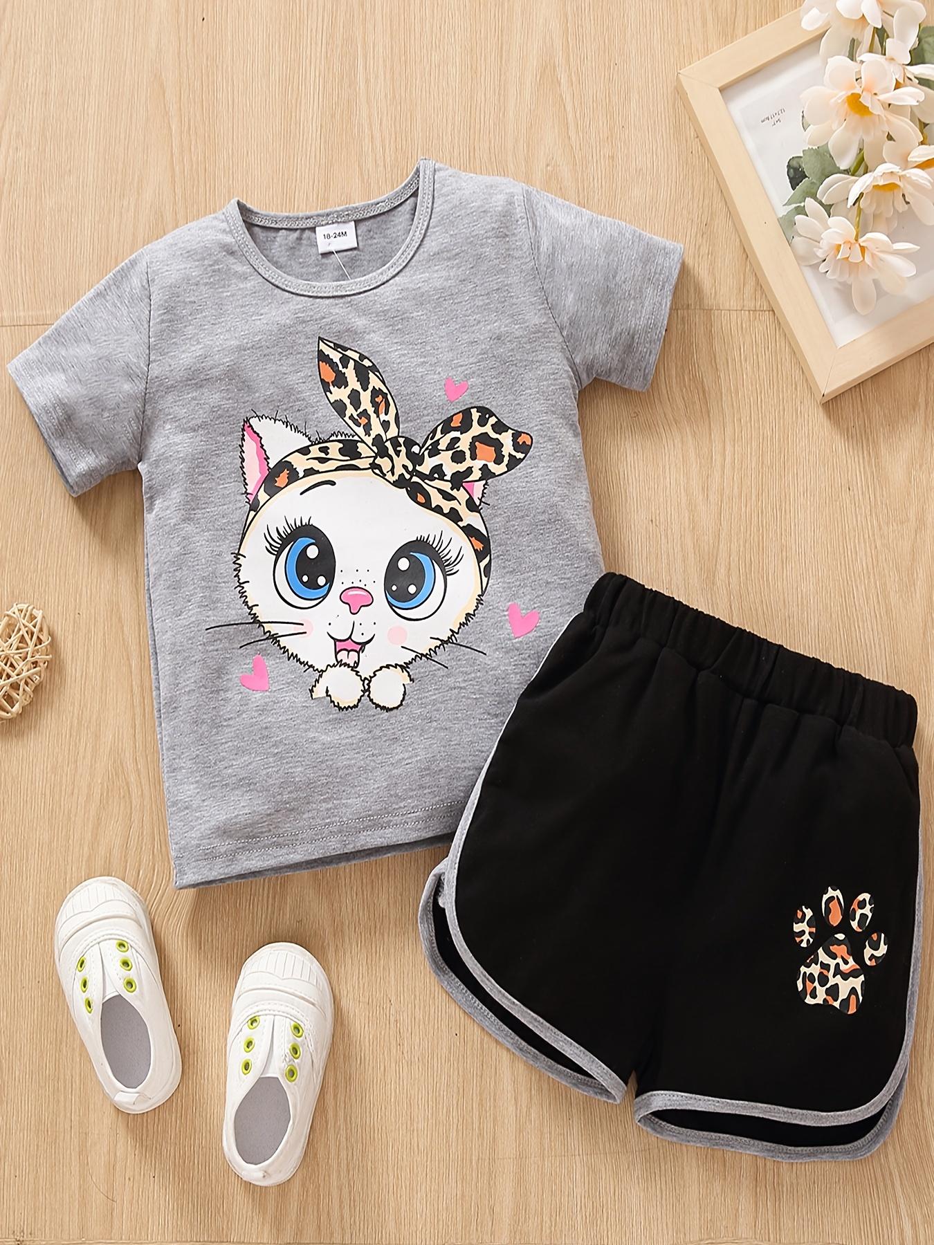 Girls Summer 2Pcs Outfit Cute Cartoon Print Crew Neck Short Sleeve Top and Shorts Set 18-24M