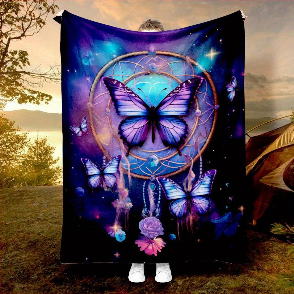 Butterfly Star Flannel Blanket, Purple Blue Night Sky Design, Bohemian Style Soft Throw, Fantasy Themed Gift for Teens Adults 75x90cm