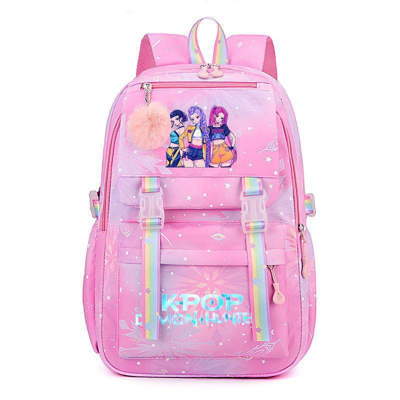 Korean Style School Backpack Teenagers Large Capacity Nylon Bookbag With Padded Straps Cartoon Print Unisex Student Bag