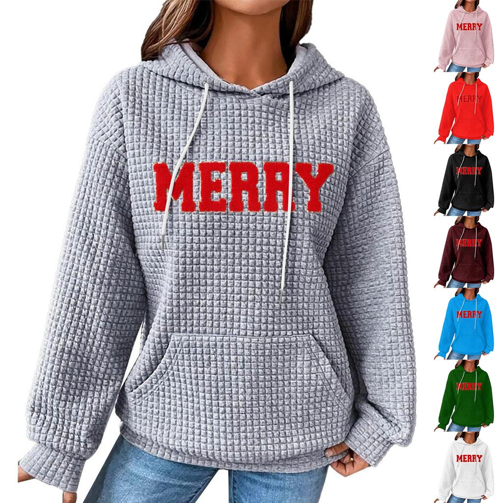 Women's Fashion Loose Hooded Pullover Long Sleeve Plaid Sweatshirt With Drawstring, Drop Shoulder, Pocket, Christmas Print Top