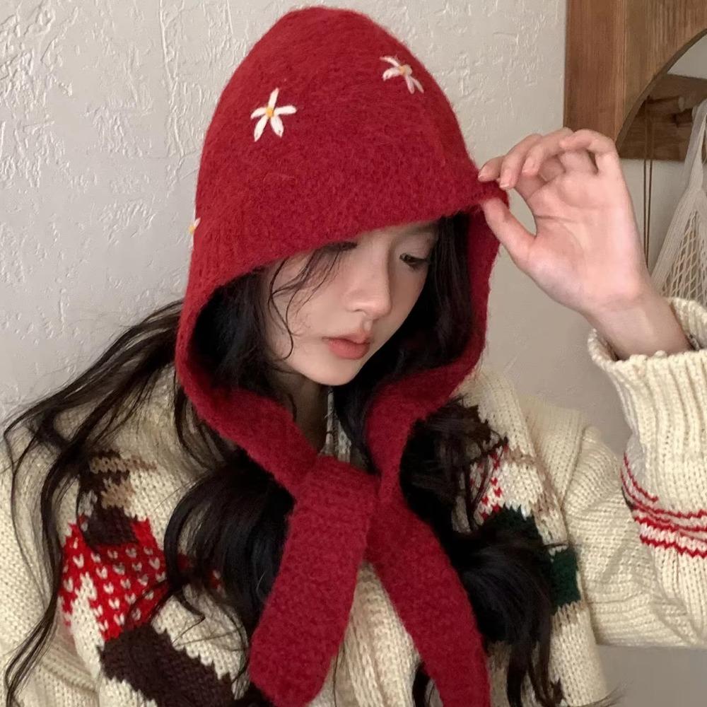 Woolen Fabric Embroidered Flowers Hat Solid Color Warm Neck Collar Winter Season