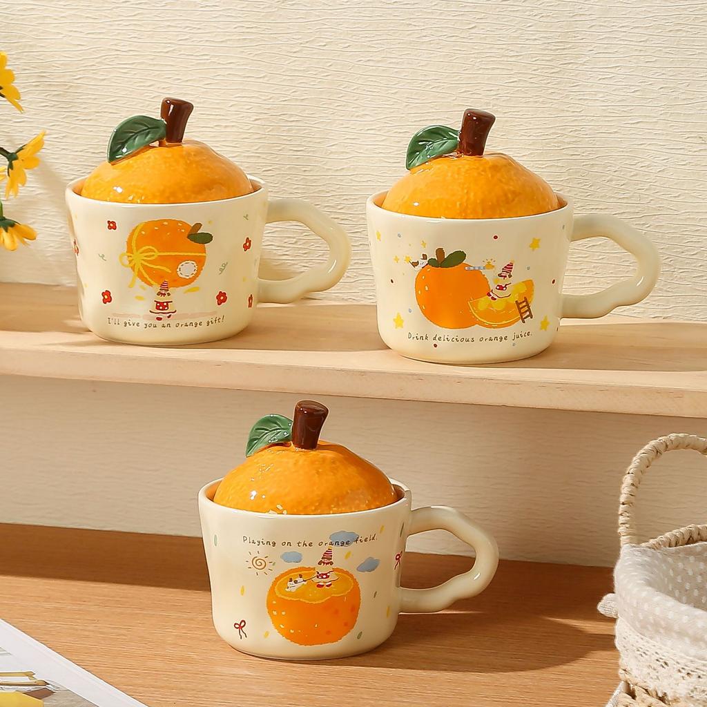 Cute Girl Little Orange with Lid Ceramic Cup Small Gift Set High Temperature Resistant Girls Office Mug Gift Box Set