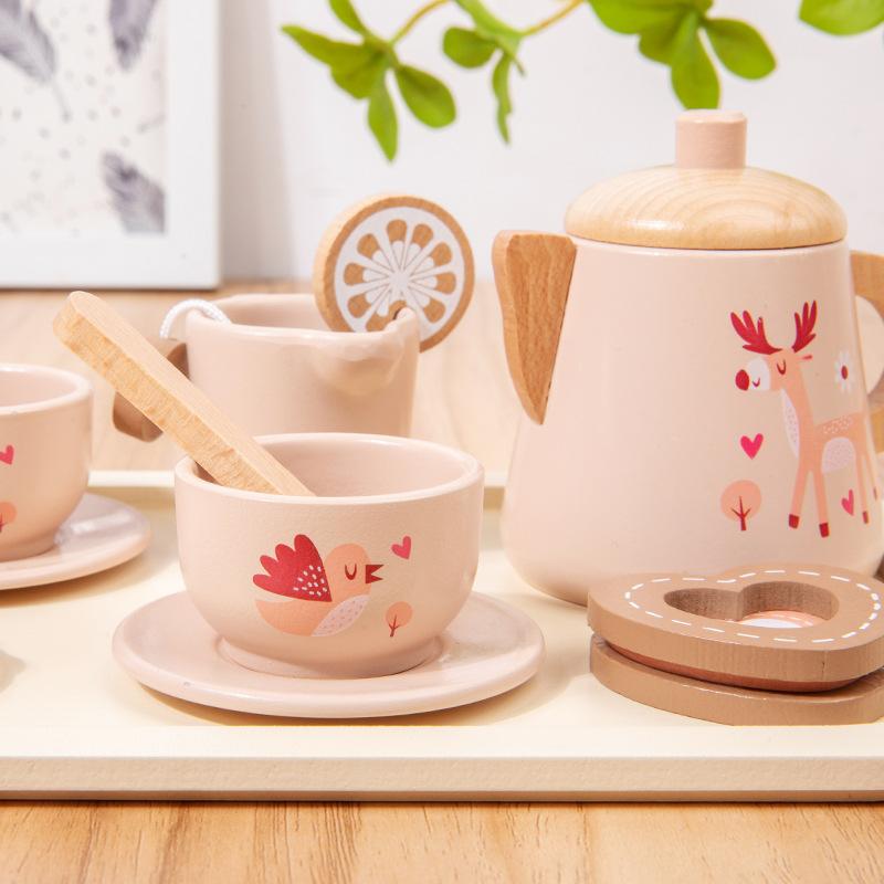 Simulation play house afternoon tea dessert cake bubble teapot cup tea set wooden toys children's breakfast toys