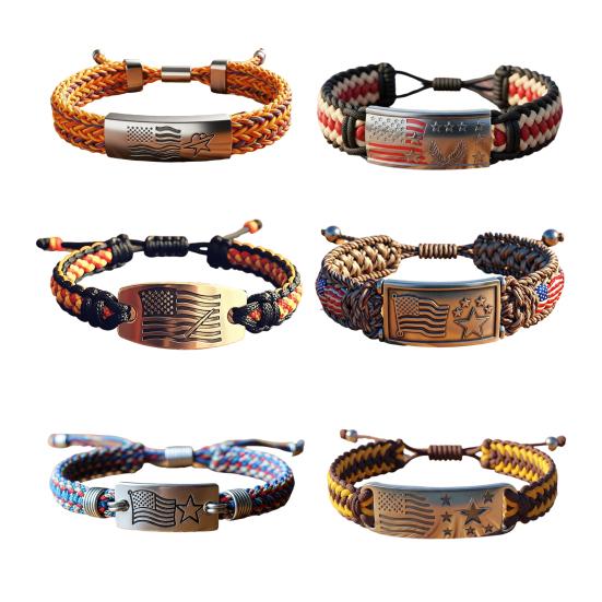 Patriotic American Flag Bracelet Engraved Metal Centerpiece Adjustable Knot Design Wristband Patriotic Accessory