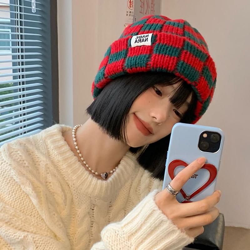 Checkerboard Plaid Knitted Hat For Women Autumn And Winter Korean Style Wool Hat Japanese Style Face-Enhancing Small Hat