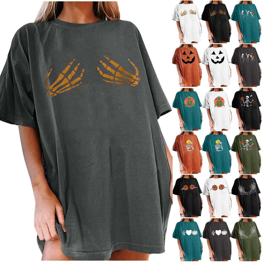 Women's Loose Blouse Round Neck Short Sleeve Halloween  Print T-shirt Top