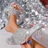 Fashion Women High Heels Sandals Summer Square Head Shallow Mouth Women Shoes Rhinestone Crystal Thick Heel Sandals Sandalias De Mujer