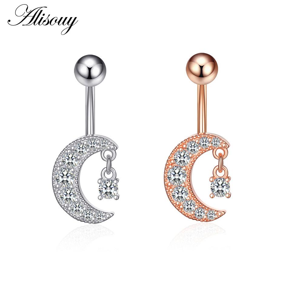 Alisouy 1pc Zircon Sexy Long Belly Ring Star Sun Moon Heart Navel Piercing Surgical Steel Women Belly Button Ring Navel Jewelry