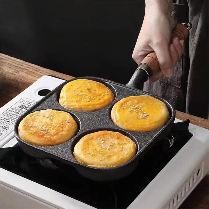 Non-Stick 4-in-1 Cast Iron Egg Cooker Single Handle Frying Pan Dishwasher Safe Compatible with Electric Coil Stoves