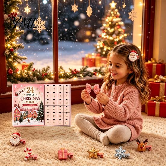 Christmas Party Hair Styling 24-Day Clip Advent Calendar, Girls Countdown Box with Sweet Style Accessories 24 Cute Hairpins, Holiday Gift, DIY Clips