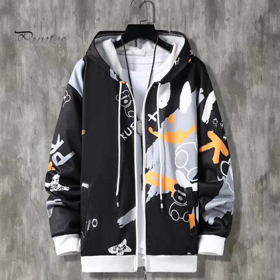 2 Pcs/Set Men Coat Pants Suit Hooded Letter Print Drawstring Zipper Closure Loose Elastic Waist Hip Hop Ankle-banded Men Sportwear