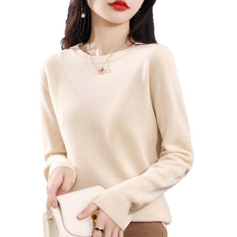 Women's 100% Wool Round Neck Long Sleeve Loose Fit Sweater