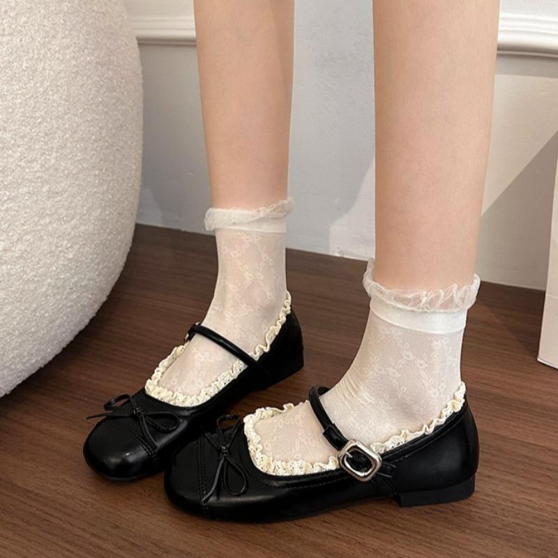 

Fashion Mary Jane Women s Shoes Summer New Round Toe Shallow Mouth Bow Lace Trim One Buckle Non-slip Low Heel Single 40 чёрный