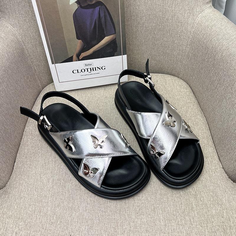 Butterfly buckle cross belt platform sandals women's new summer casual versatile flat beach Roman shoes