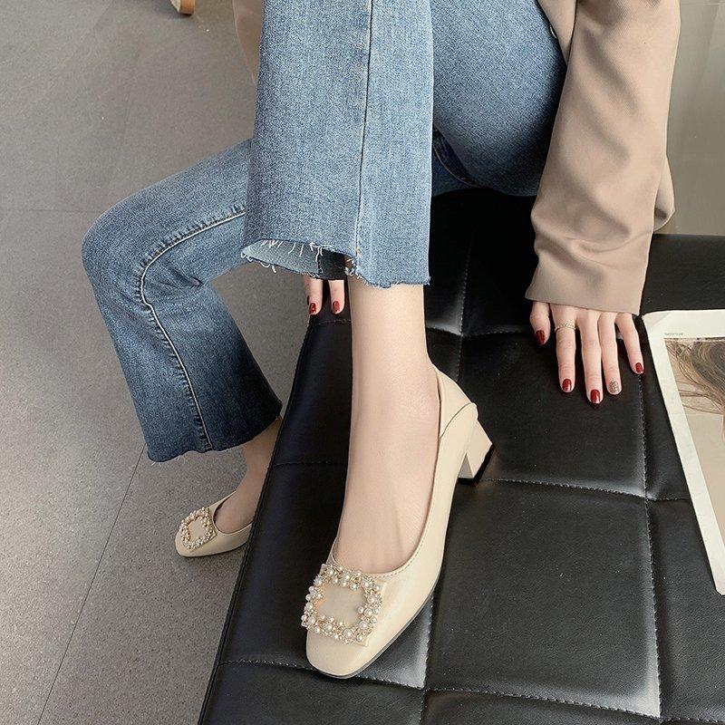 Fashion Square Toe Summer Shoes Ladies Women's Heels Buckle Autumn Female Footwear Pearl Decorateion Oxfords 2024 On Heels New Fall Dres