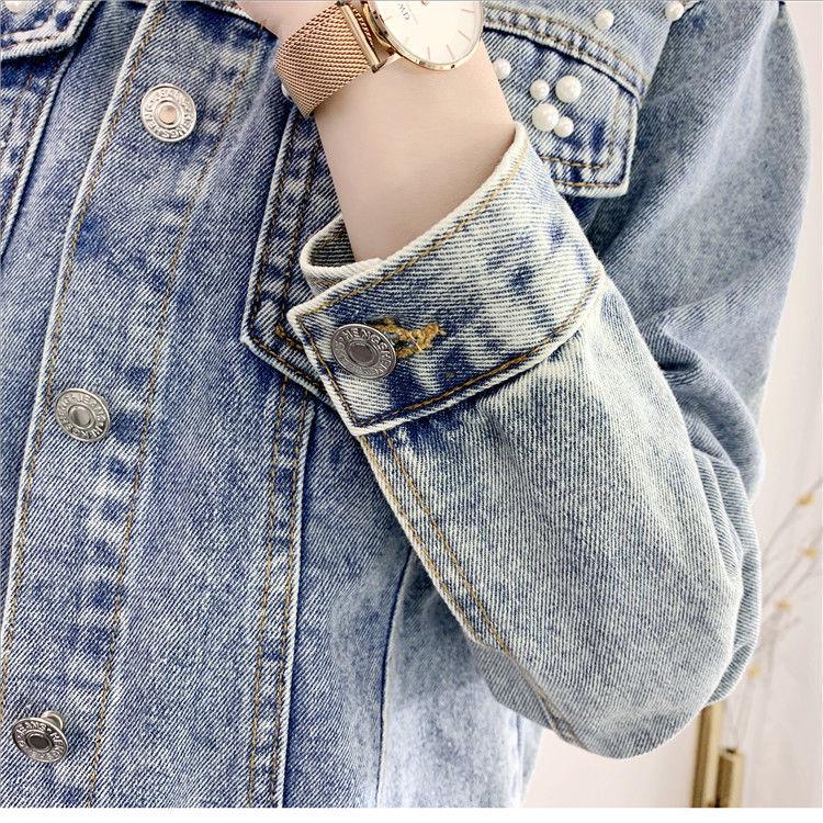2025 Women's Plus Size Light Blue Denim Jacket with Beaded Rhinestones