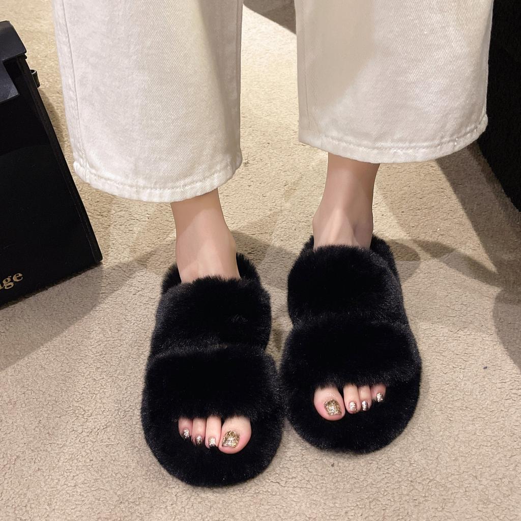 Mao Mao slippers women's new fashion autumn and winter one-word flat-bottomed household cotton slippers