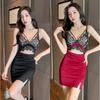 Summer New Niche Design Lace Splicing Tight Body Hollow Low-cut Collar Suspender Hip Dress