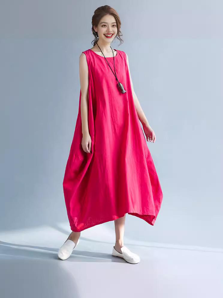 2024 Summer Women's Solid Color Pocket Skirt Casual Loose Black Dress with Round Neckline