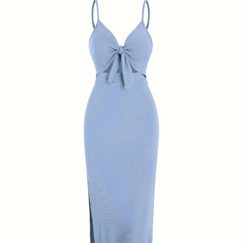 Modisches, schlichtes, ärmelloses Trägerkleid aus Strick für Frühling und Sommer, mit tiefem Rückenausschnitt und sexy langem Rock mit Ausschnitt.