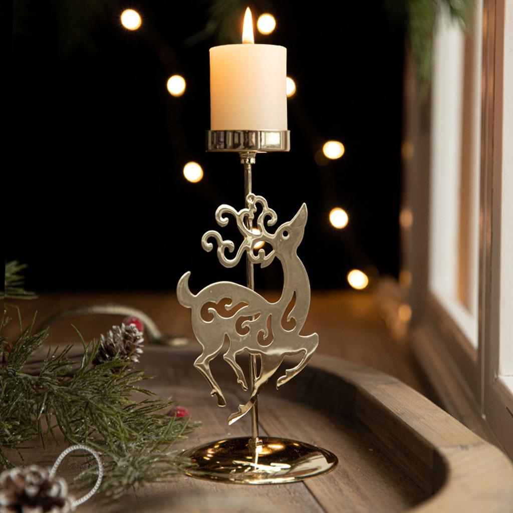 Iron Candle Holder Stand with Christmas Flower Star Snowflake Elk Tree Pattern Candlestick for Home Tabletop Decoration