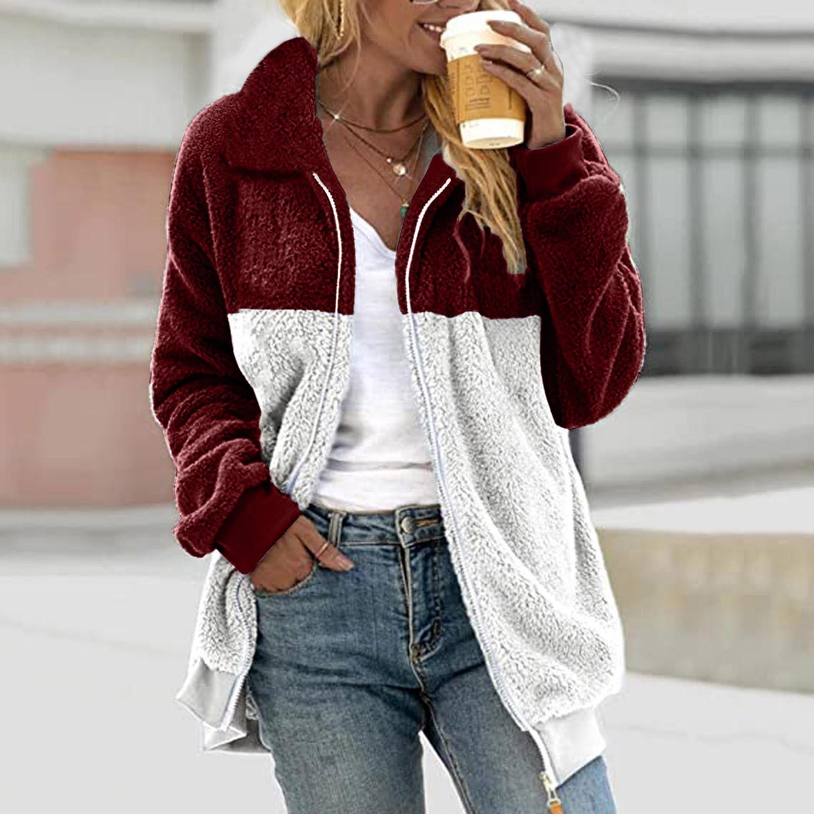 

Женская повседневная свободная плюшевая куртка с цветными блоками на молнии с отложным воротником и карманами XL винный