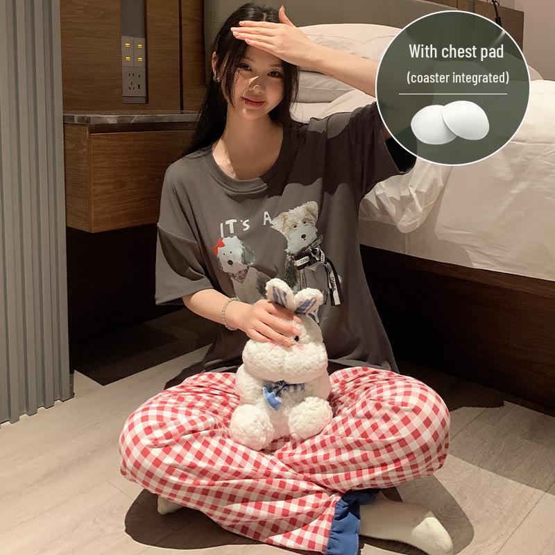 

Комплект пижамы с кошкой и сердечками-бабочками - Милый, Повседневный, с круглым вырезом, с коротким рукавом, для дома или улицы L