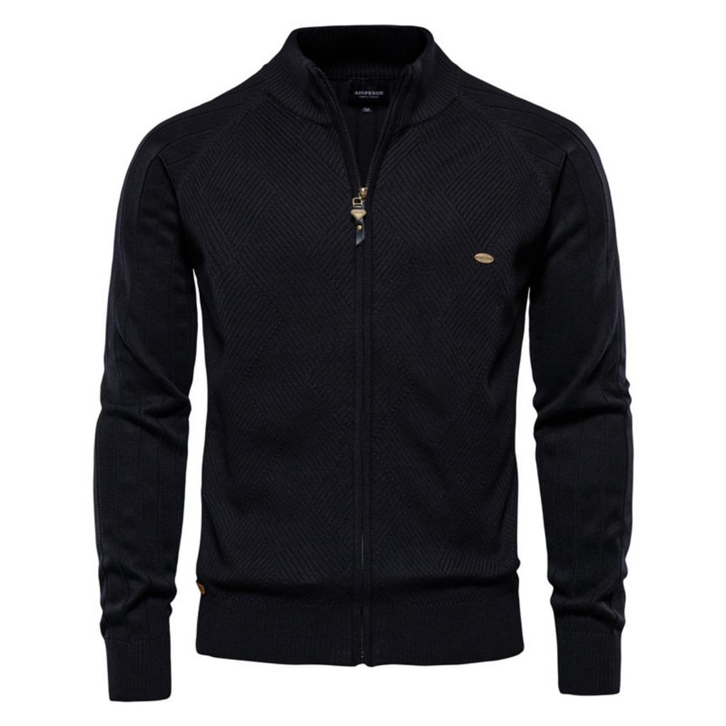 New Men's Pure Color Lapel Jacquard High Neck Knitted Cardigan Autumn Casual Versatile Coat
