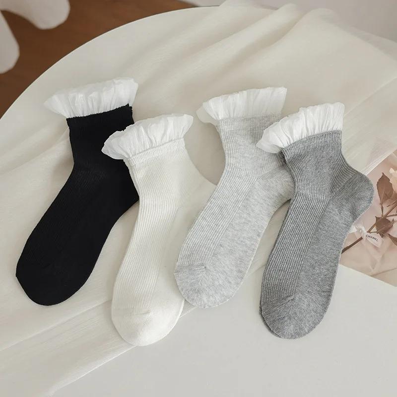 Princess Socks Women Cotton Knitted Breathable Black White Gray Low Tube Socks JK Sweet Girl Lolita Kawaii Cute Ruffle Socks Sox